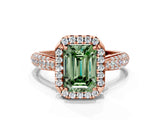 Rose gold Fancy Green Emerald Cut Halo Diamond Ring with Pavé Band
