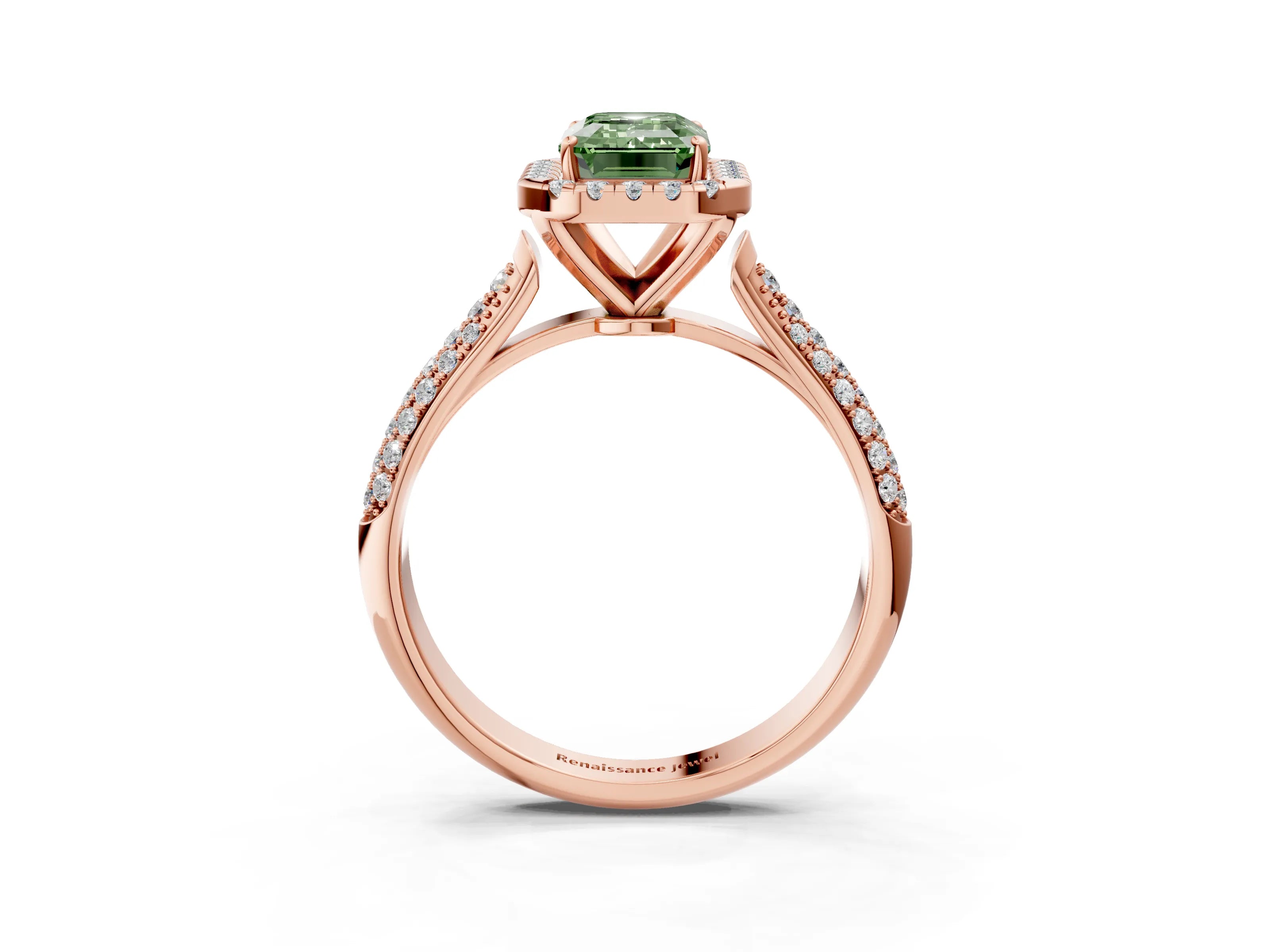 Rose gold Fancy Green Emerald Cut Halo Diamond Ring with Pavé Band_3