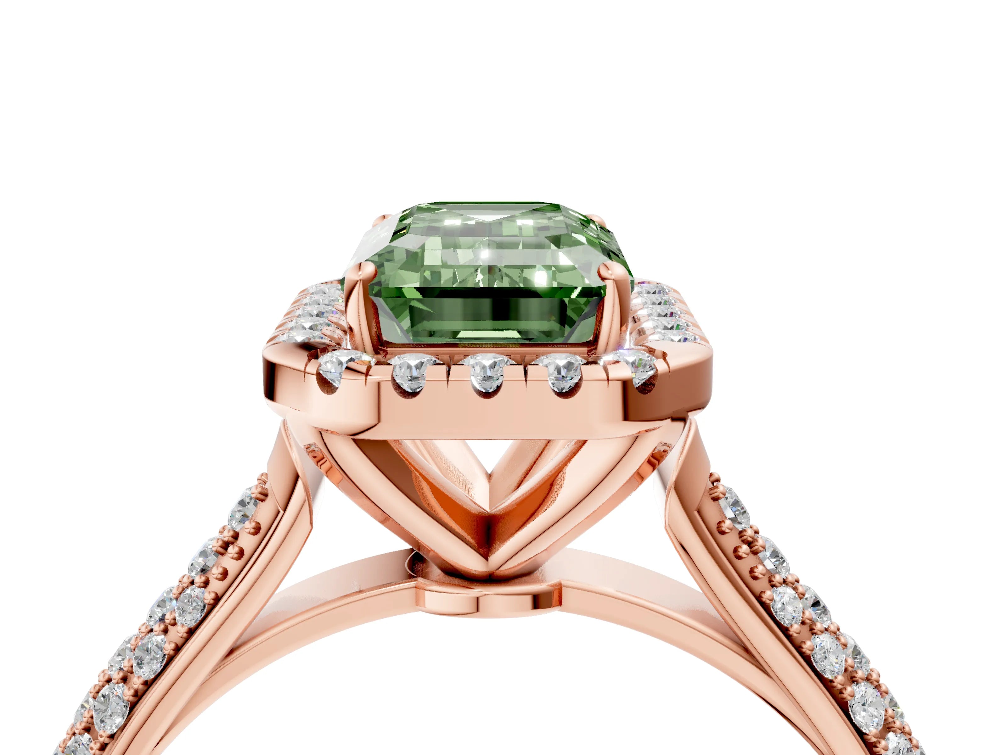 Rose gold Fancy Green Emerald Cut Halo Diamond Ring with Pavé Band_4