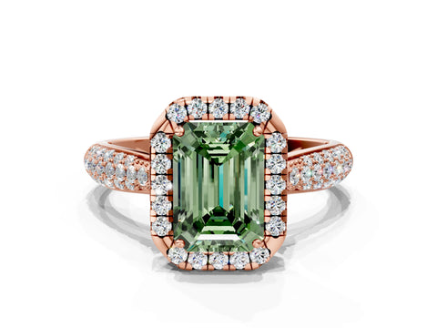 Rose gold Fancy Green Emerald Cut Halo Diamond Ring with Pavé Band
