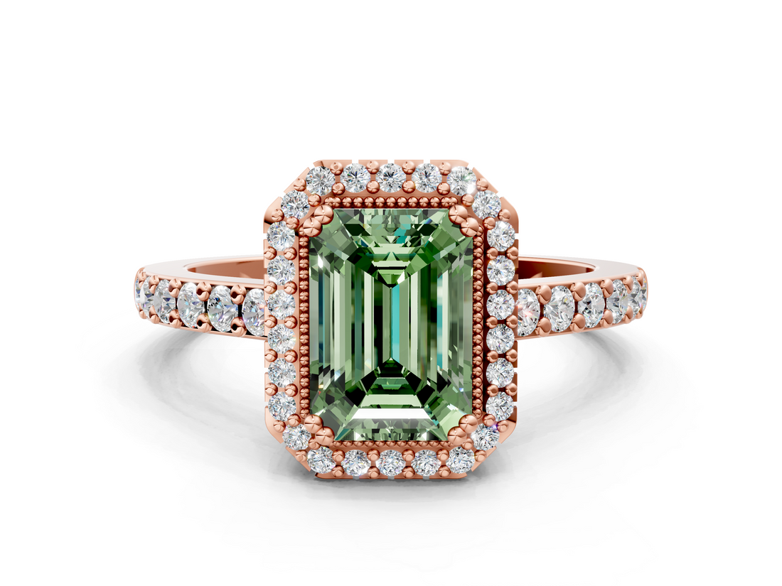 Rose gold Fancy Green Emerald  Cut Halo Diamond Ring with Pave Band and Four-Prong Setting_24