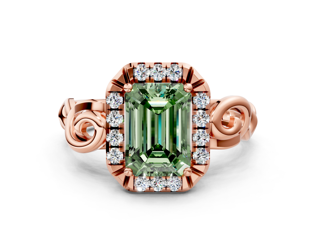 Rose gold Fancy Green Emerald  Cut Halo Diamond Ring with Scrollwork Band and Four-Prong Setting_100