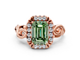 Rose gold Fancy Green Emerald  Cut Halo Diamond Ring with Scrollwork Band and Four-Prong Setting_100