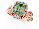 Rose gold Fancy Green Emerald  Cut Halo Diamond Ring with Scrollwork Band and Four-Prong Setting_101