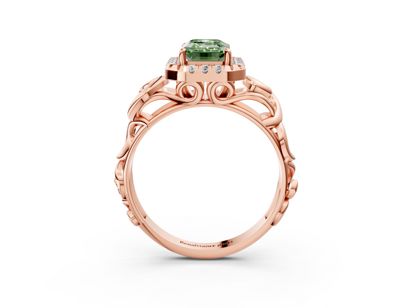 Rose gold Fancy Green Emerald  Cut Halo Diamond Ring with Scrollwork Band and Four-Prong Setting