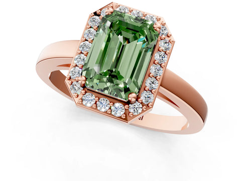 Rose gold Fancy Green Emerald Cut Halo Diamond Ring with Solitaire Band and Prong Setting_1