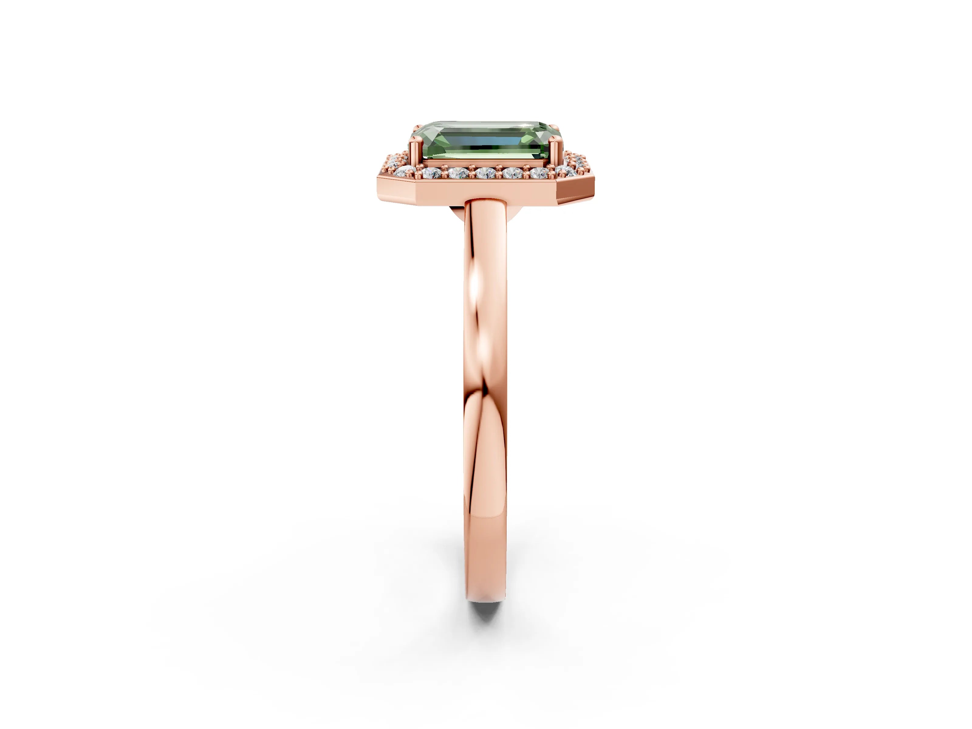 Rose gold Fancy Green Emerald Cut Halo Diamond Ring with Solitaire Band and Prong Setting_2