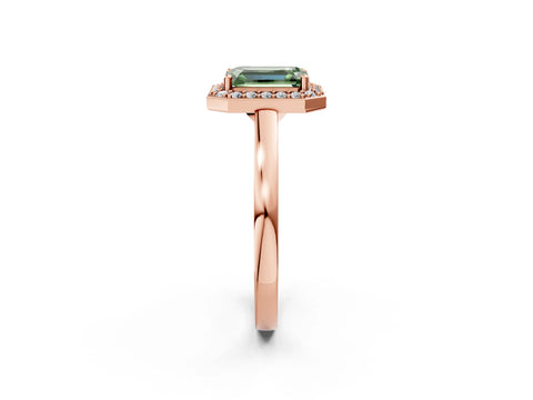 Rose gold Fancy Green Emerald Cut Halo Diamond Ring with Solitaire Band and Prong Setting_2