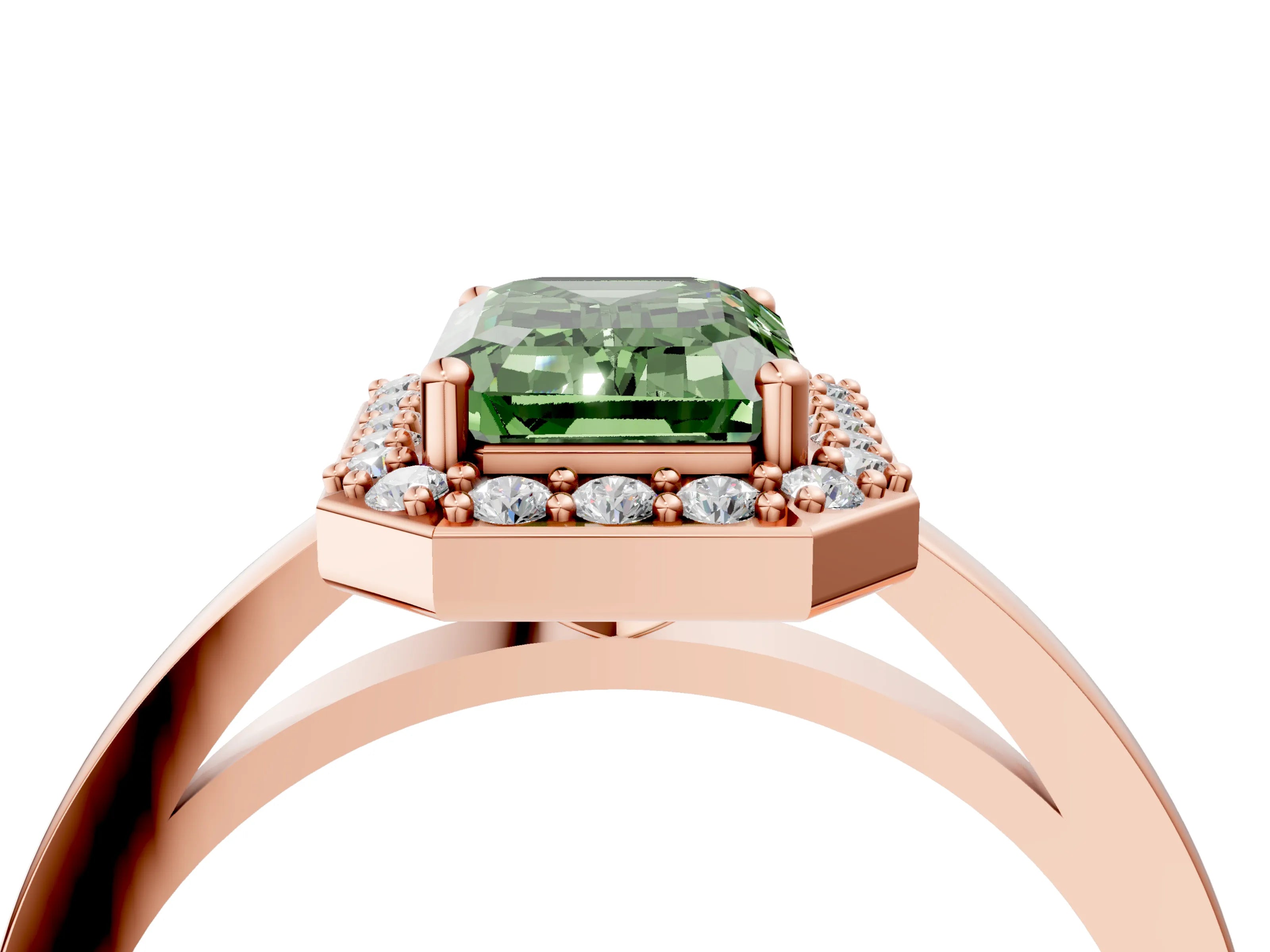 Rose gold Fancy Green Emerald Cut Halo Diamond Ring with Solitaire Band and Prong Setting_4