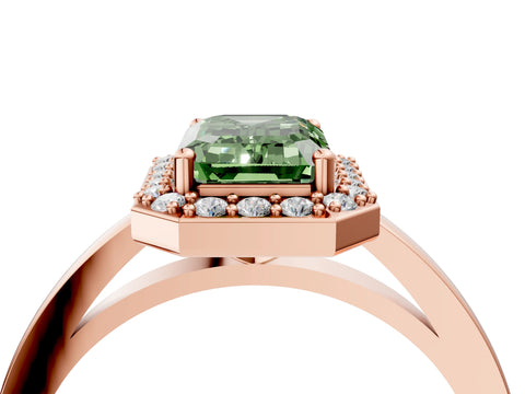 Rose gold Fancy Green Emerald Cut Halo Diamond Ring with Solitaire Band and Prong Setting_4