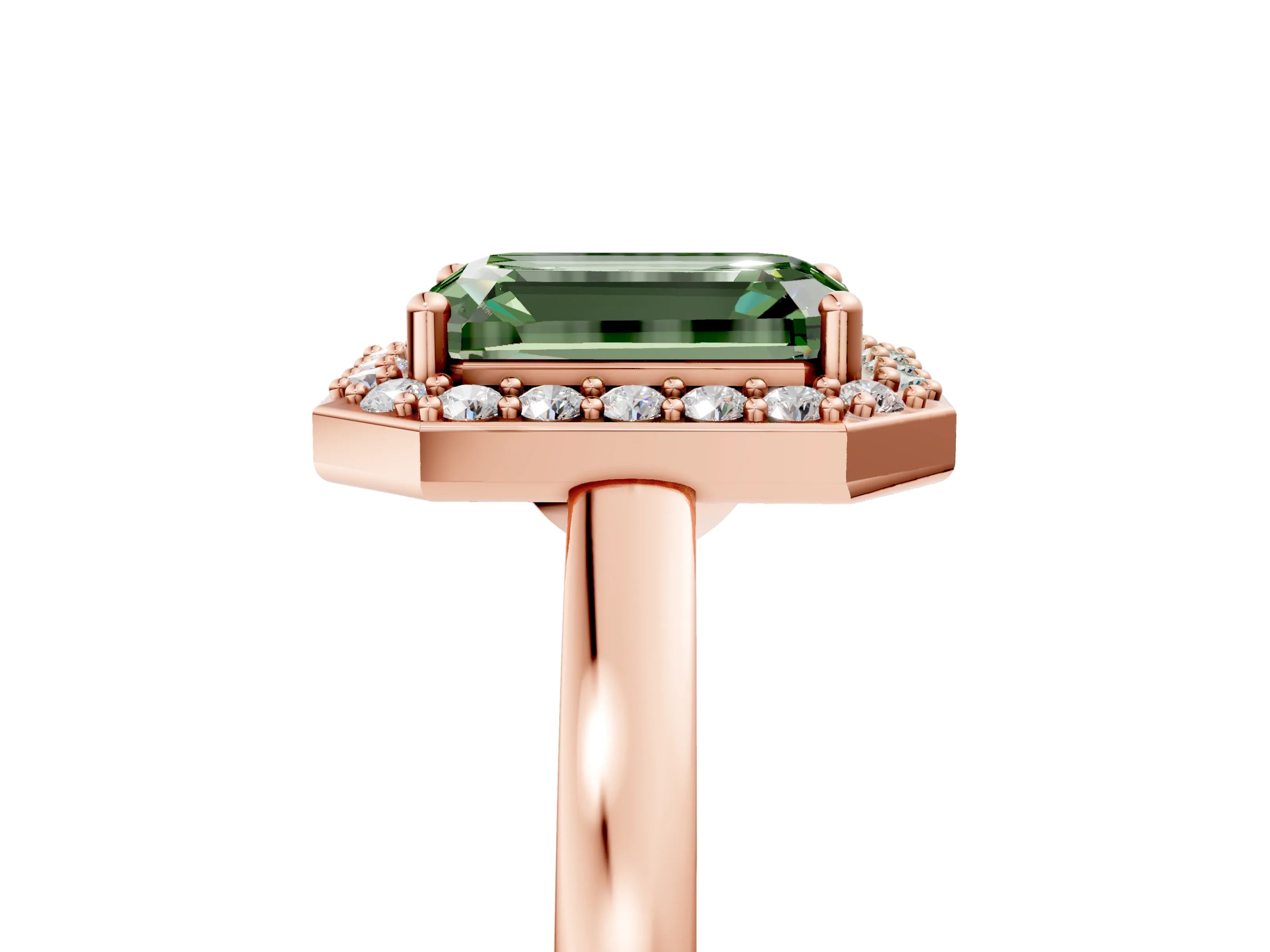Rose gold Fancy Green Emerald Cut Halo Diamond Ring with Solitaire Band and Prong Setting_5