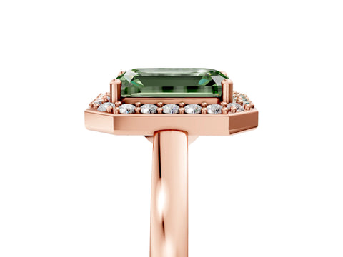 Rose gold Fancy Green Emerald Cut Halo Diamond Ring with Solitaire Band and Prong Setting_5