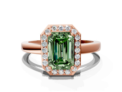 Rose gold Fancy Green Emerald Cut Halo Diamond Ring with Solitaire Band and Prong Setting