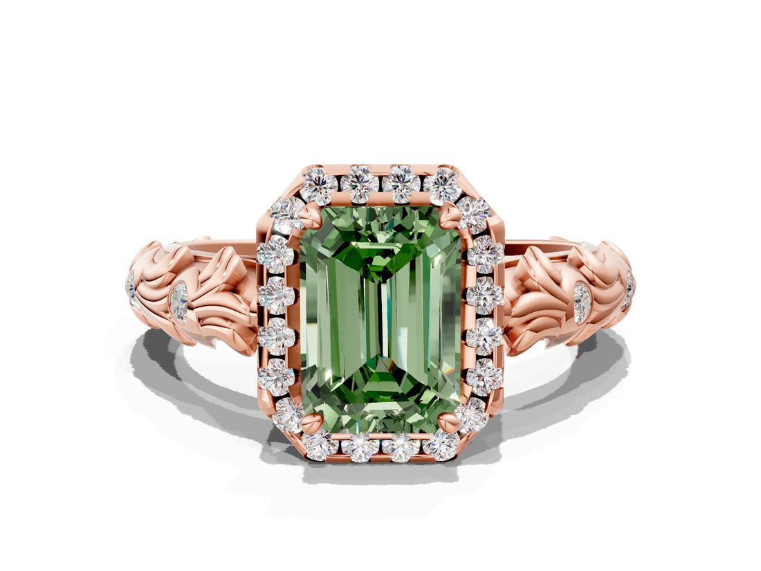 Rose gold Fancy Green Emerald Cut Halo Diamond Solitaire with Filigree Band and Four-Prong Setting