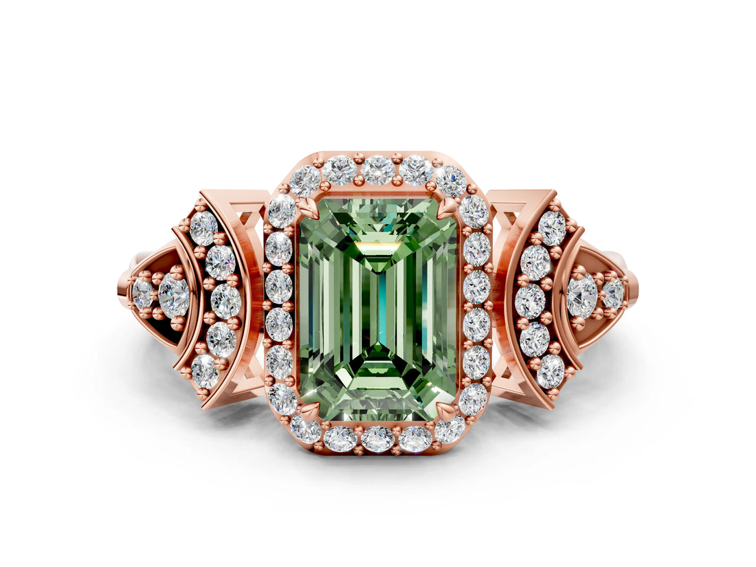 Rose gold Fancy Green Emerald Cut Halo Diamond Split Shank Engagement Ring with Four-Prong Setting