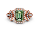 Rose gold Fancy Green Emerald Cut Halo Diamond Split Shank Engagement Ring with Four-Prong Setting