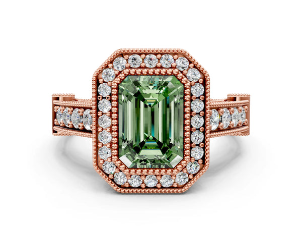 Rose Gold Emerald Cut Vintage Bezel Halo Engagement Ring Setting for Fancy Green Center