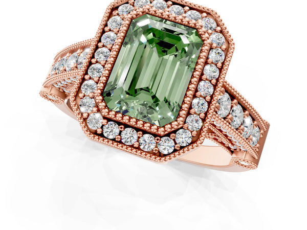 Rose Gold Emerald Cut Vintage Bezel Halo Engagement Ring Setting for Fancy Green Center