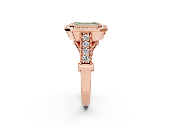 Rose Gold Emerald Cut Vintage Bezel Halo Engagement Ring Setting for Fancy Green Center
