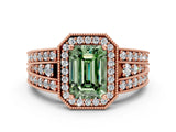 Rose gold Fancy Green Emerald Cut Halo Diamond Split Shank Ring with Prong Setting_12