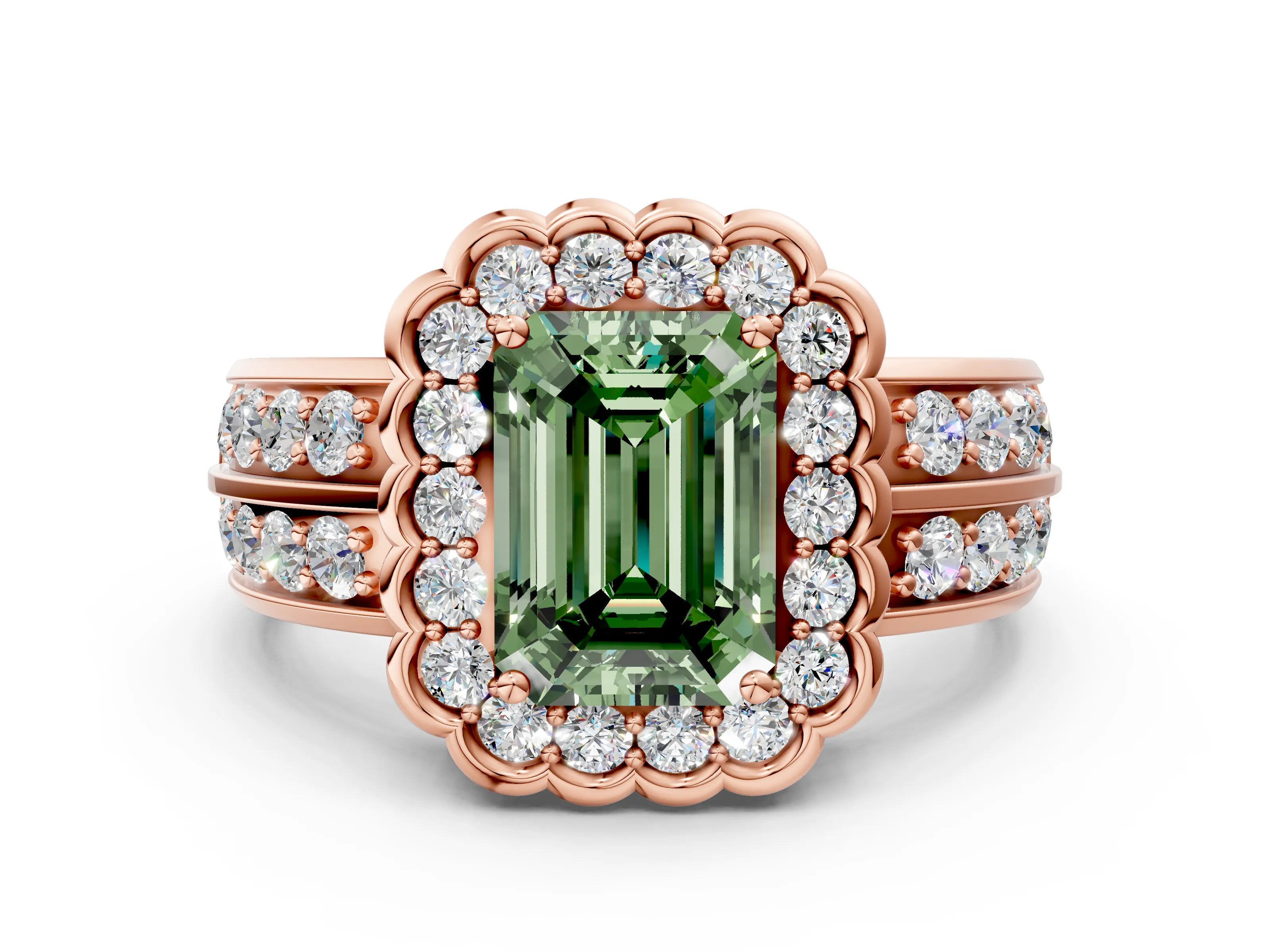 Rose gold Fancy Green Emerald Cut Halo Diamond Split Shank Ring with Scalloped Prong Setting