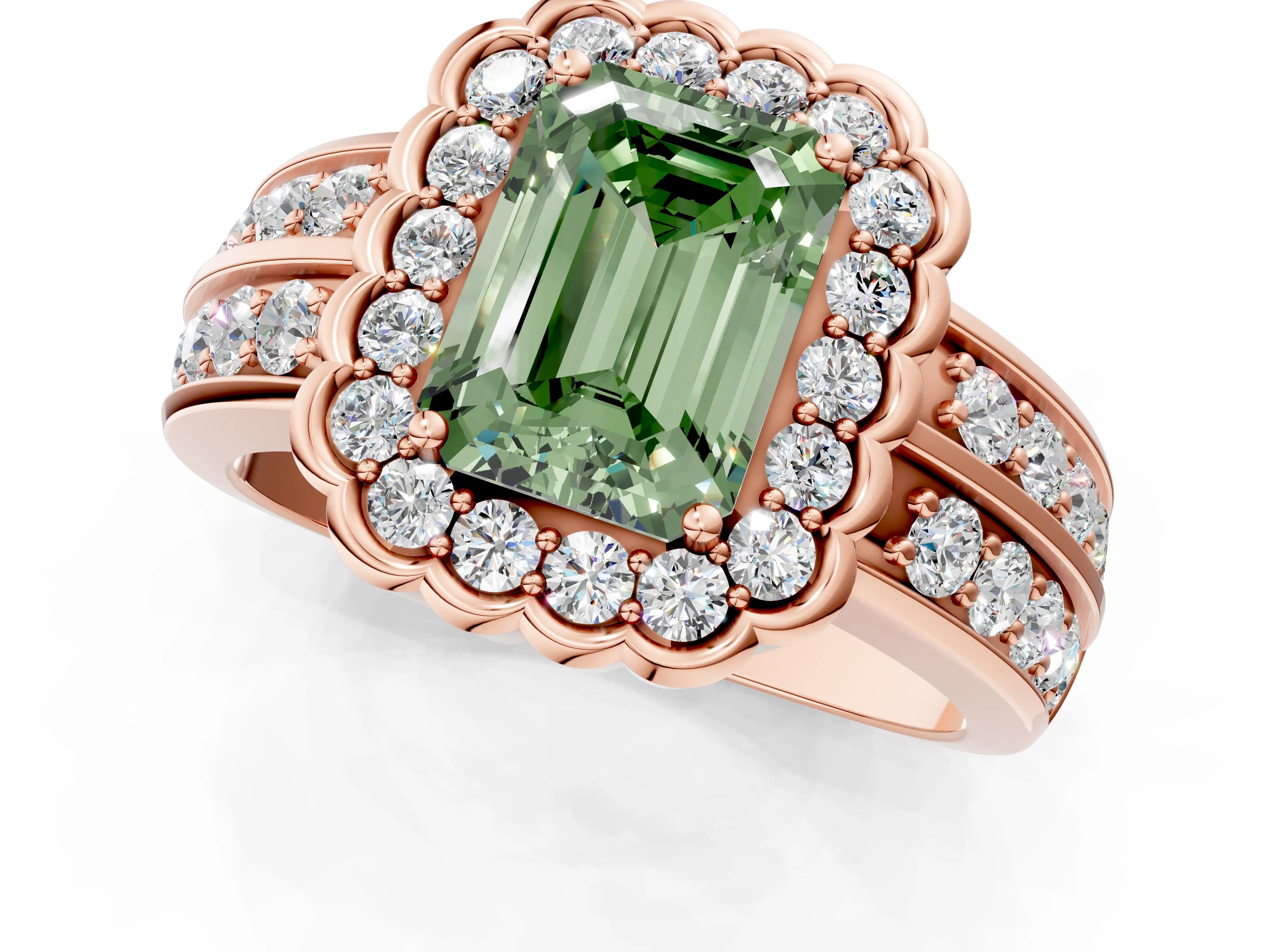 Rose gold Fancy Green Emerald Cut Halo Diamond Split Shank Ring with Scalloped Prong Setting_1