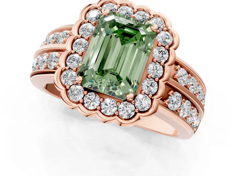 Rose gold Fancy Green Emerald Cut Halo Diamond Split Shank Ring with Scalloped Prong Setting_1