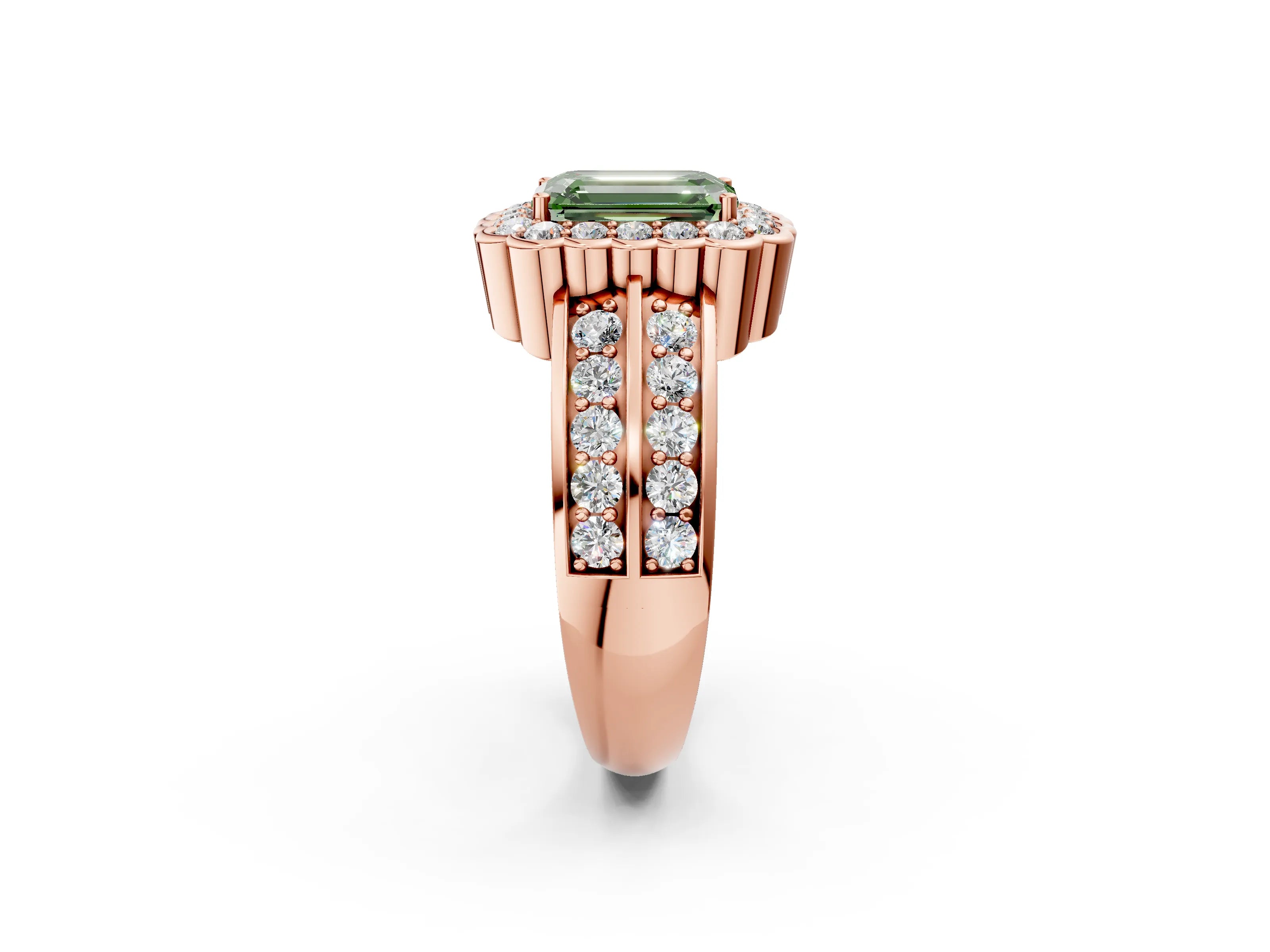 Rose gold Fancy Green Emerald Cut Halo Diamond Split Shank Ring with Scalloped Prong Setting_2