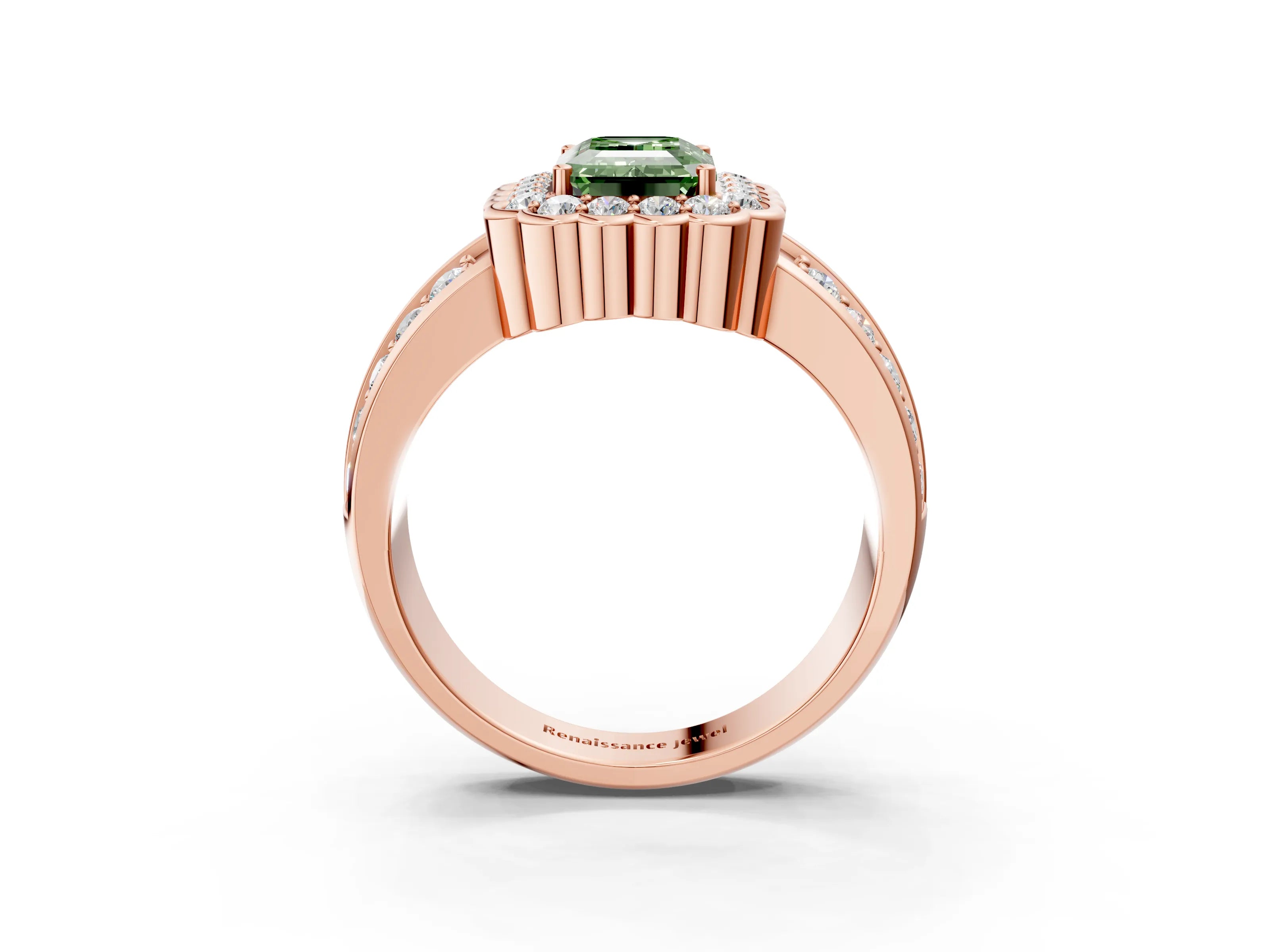 Rose gold Fancy Green Emerald Cut Halo Diamond Split Shank Ring with Scalloped Prong Setting_3