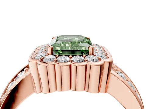 Rose gold Fancy Green Emerald Cut Halo Diamond Split Shank Ring with Scalloped Prong Setting_4