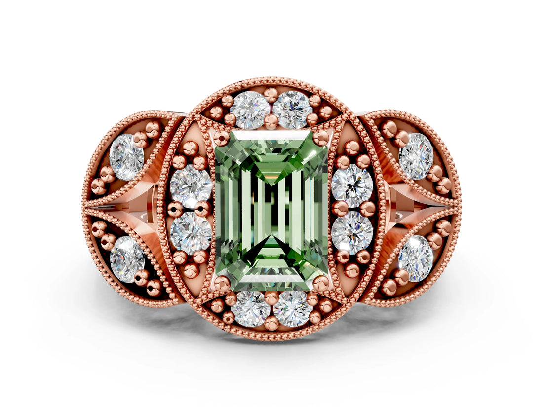 Rose gold Fancy Green Emerald Cut Halo Milgrain Diamond Engagement Ring with Leaf Band and Four-Prong Setting