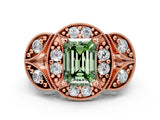 Rose gold Fancy Green Emerald Cut Halo Milgrain Diamond Engagement Ring with Leaf Band and Four-Prong Setting