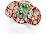 Rose gold Fancy Green Emerald Cut Halo Milgrain Diamond Engagement Ring with Leaf Band and Four-Prong Setting_1