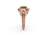Rose gold Fancy Green Emerald Cut Halo Milgrain Diamond Engagement Ring with Leaf Band and Four-Prong Setting_2