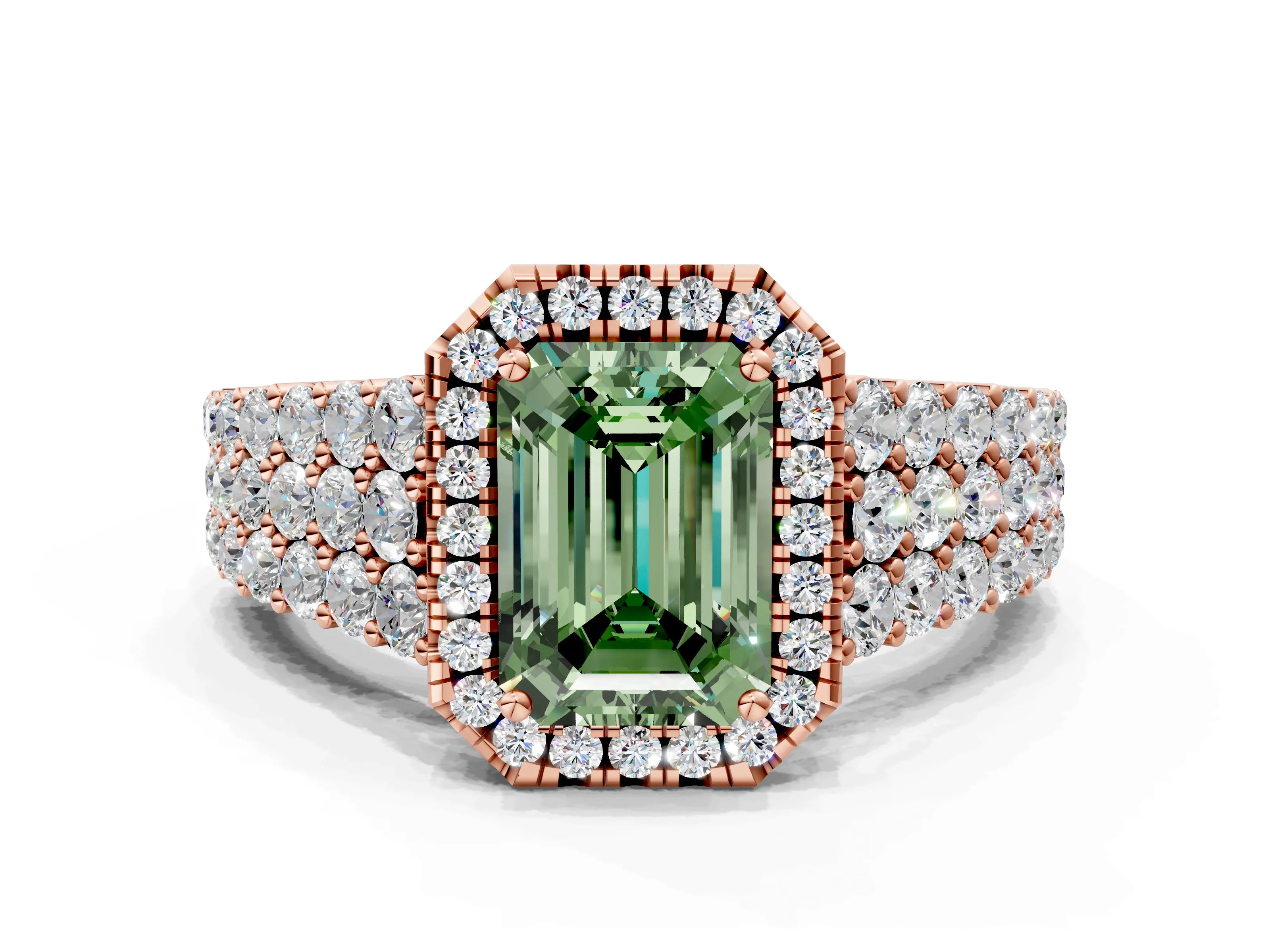 Rose gold Fancy Green Emerald Cut Halo Pavé Diamond Engagement Ring with Split Shank and Four-Prong Setting_3