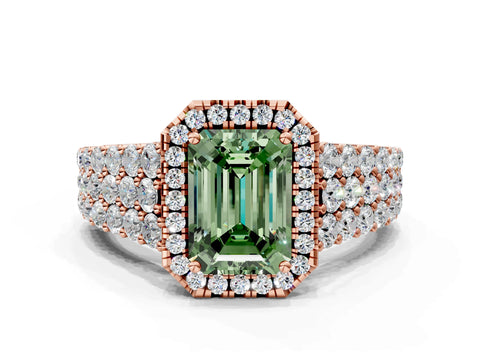 Rose gold Fancy Green Emerald Cut Halo Pavé Diamond Engagement Ring with Split Shank and Four-Prong Setting_3