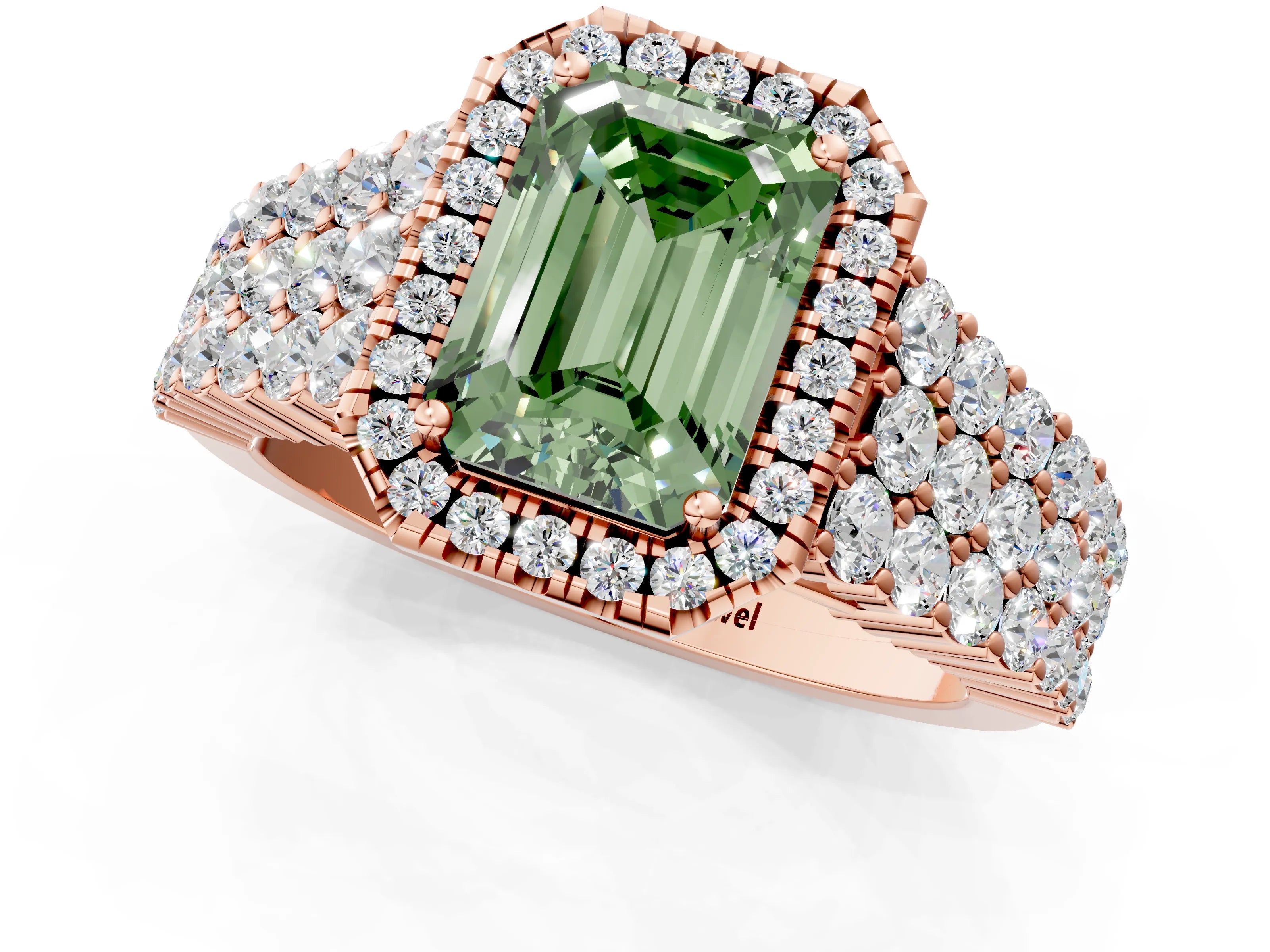 Rose gold Fancy Green Emerald Cut Halo Pavé Diamond Engagement Ring with Split Shank and Four-Prong Setting_4