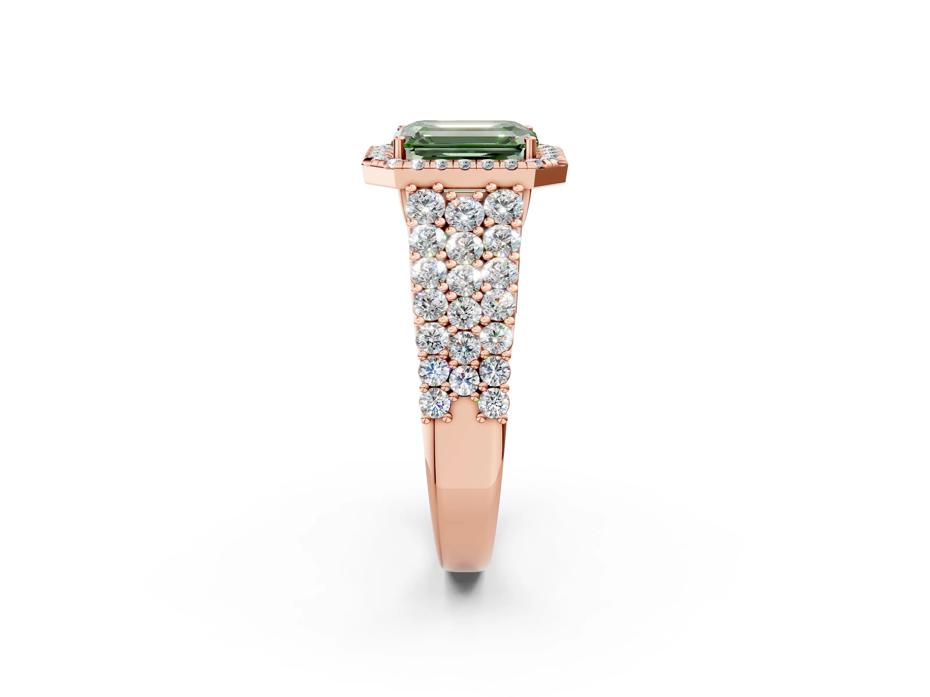 Rose gold Fancy Green Emerald Cut Halo Pavé Diamond Engagement Ring with Split Shank and Four-Prong Setting_5