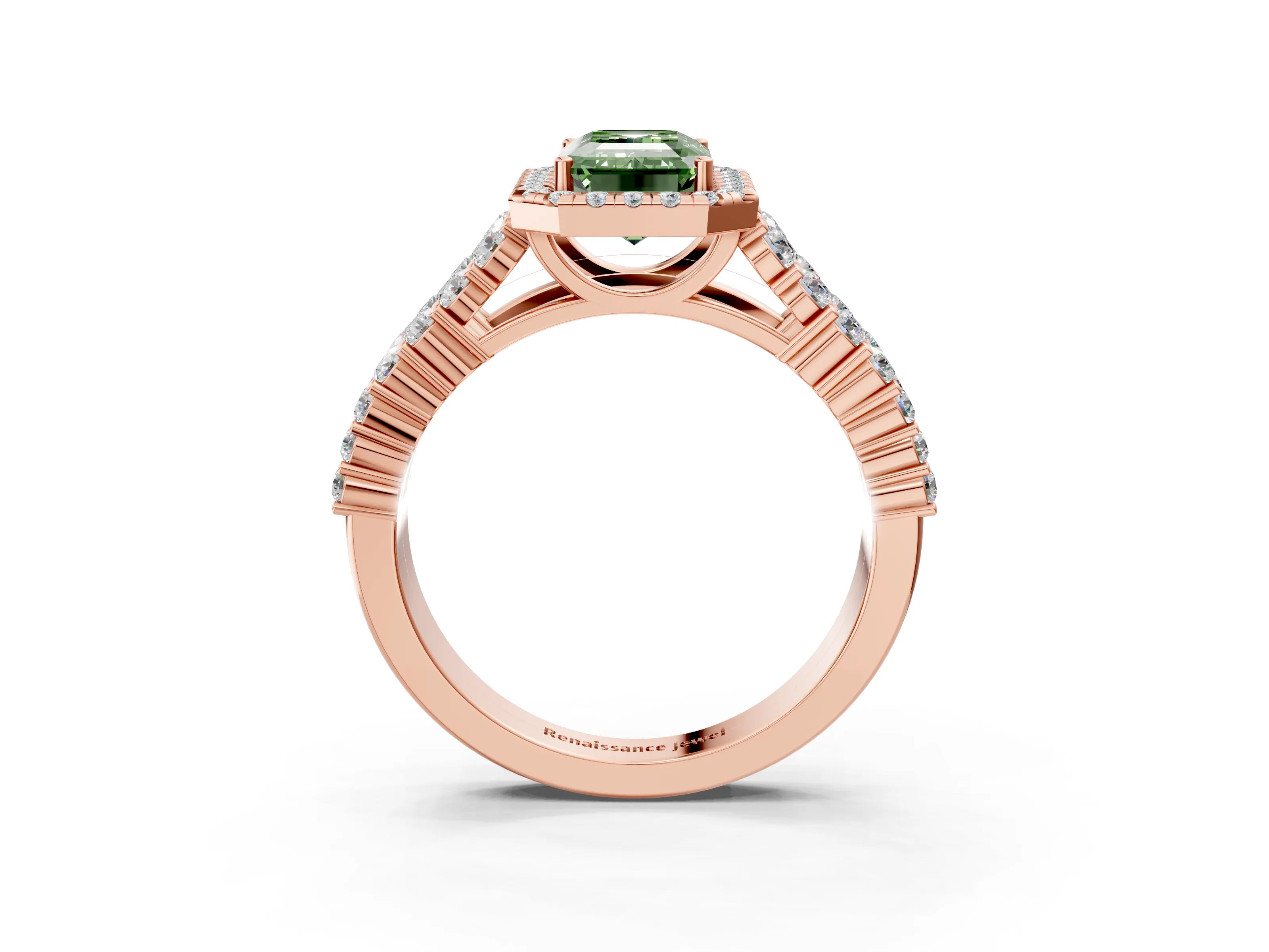 Rose gold Fancy Green Emerald Cut Halo Pavé Diamond Engagement Ring with Split Shank and Four-Prong Setting_6