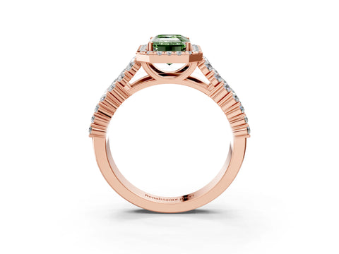 Rose gold Fancy Green Emerald Cut Halo Pavé Diamond Engagement Ring with Split Shank and Four-Prong Setting_6