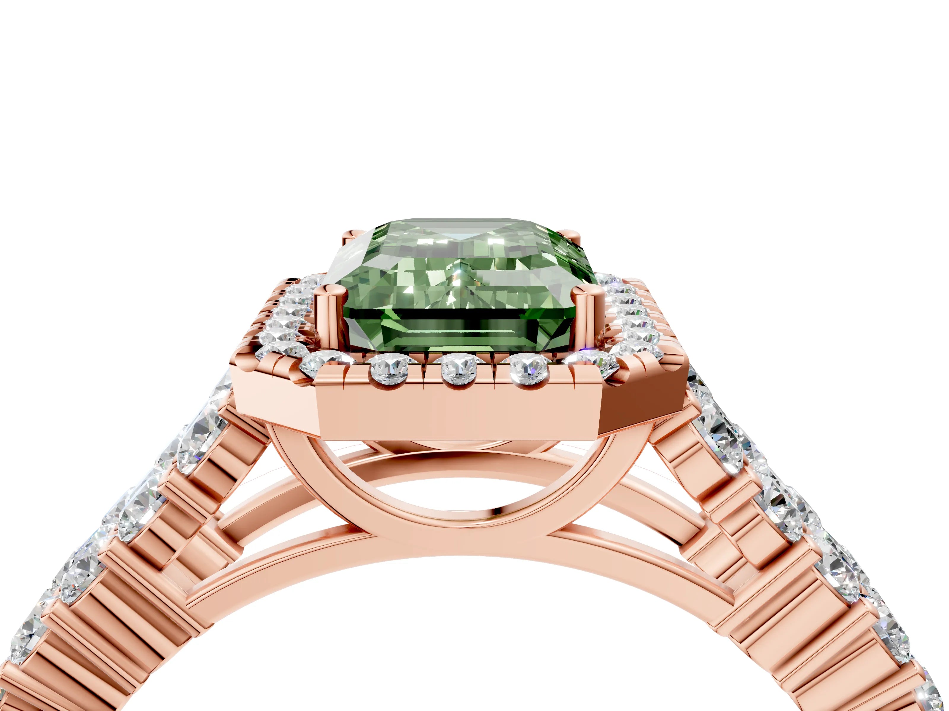 Rose gold Fancy Green Emerald Cut Halo Pavé Diamond Engagement Ring with Split Shank and Four-Prong Setting_7