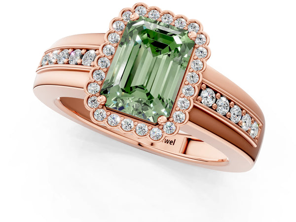 Rose gold Fancy Green Emerald  Cut Halo Pave Band Four-Prong Ring