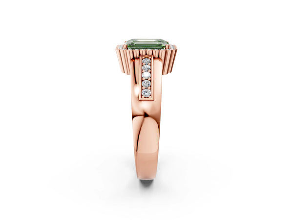 Rose gold Fancy Green Emerald  Cut Halo Pave Band Four-Prong Ring