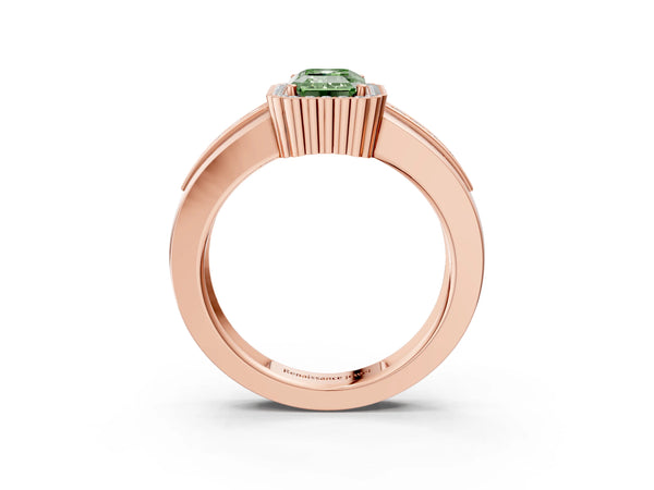 Rose gold Fancy Green Emerald  Cut Halo Pave Band Four-Prong Ring