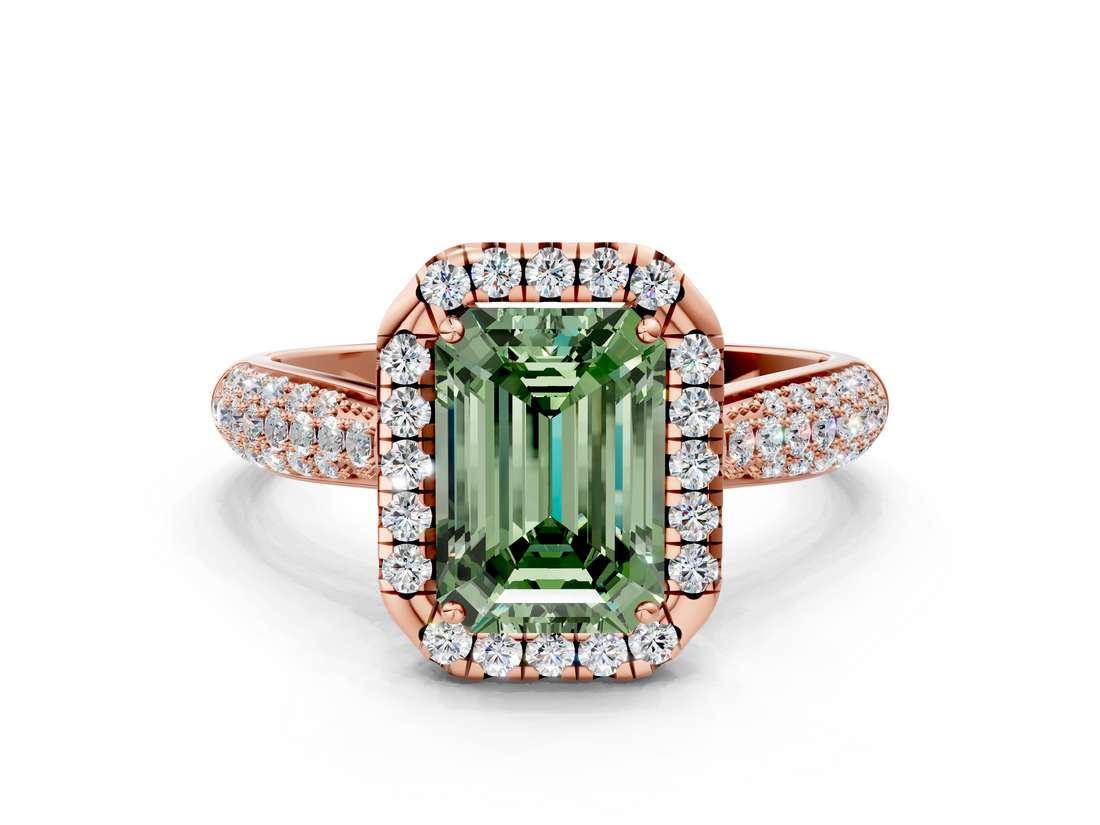 Rose gold Fancy Green Emerald  Cut Halo Pave Band Four-Prong Setting Ring_37