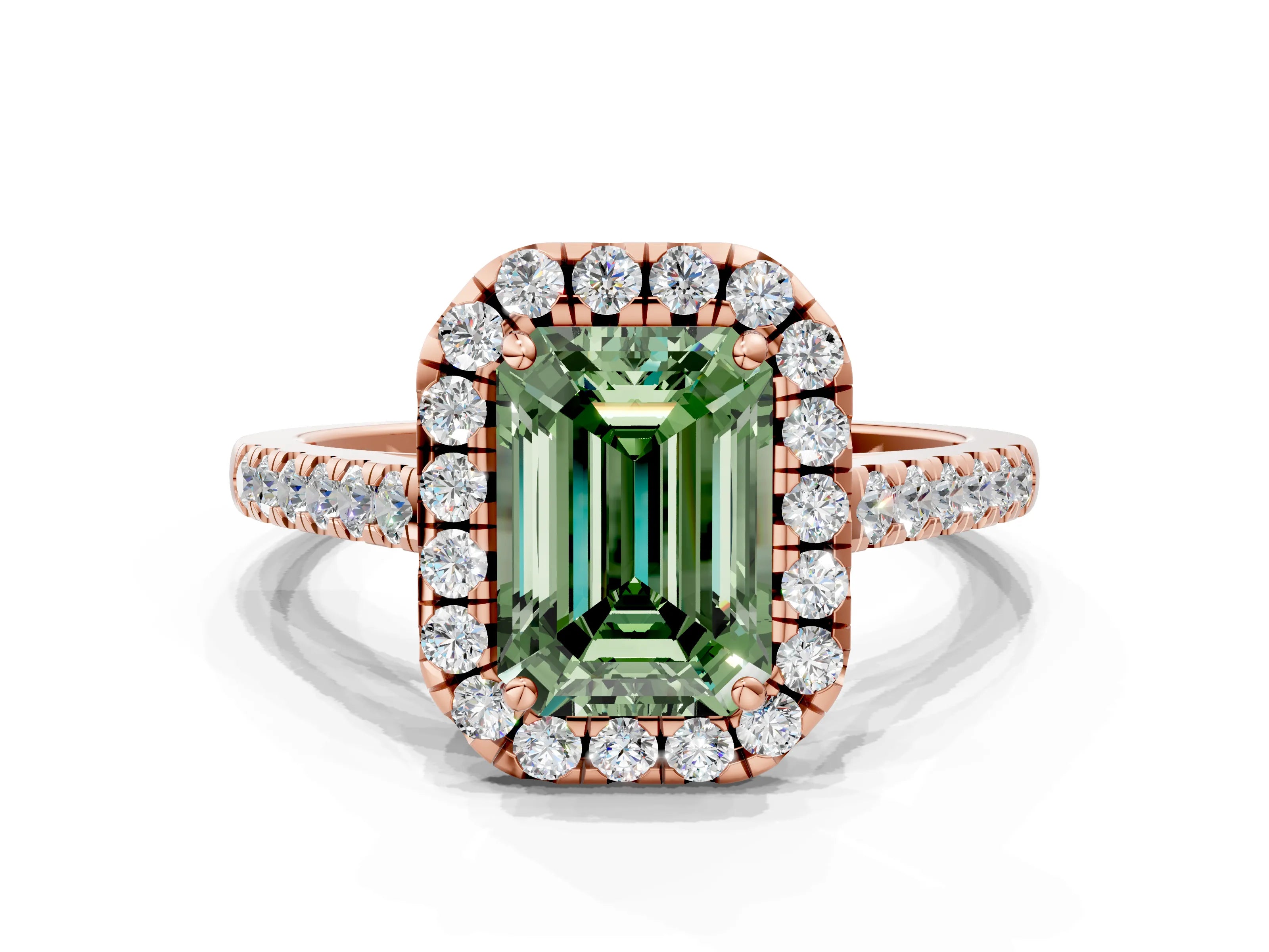 Rose gold Fancy Green Emerald Cut Halo Pave Diamond Engagement Ring with Four-Prong Setting