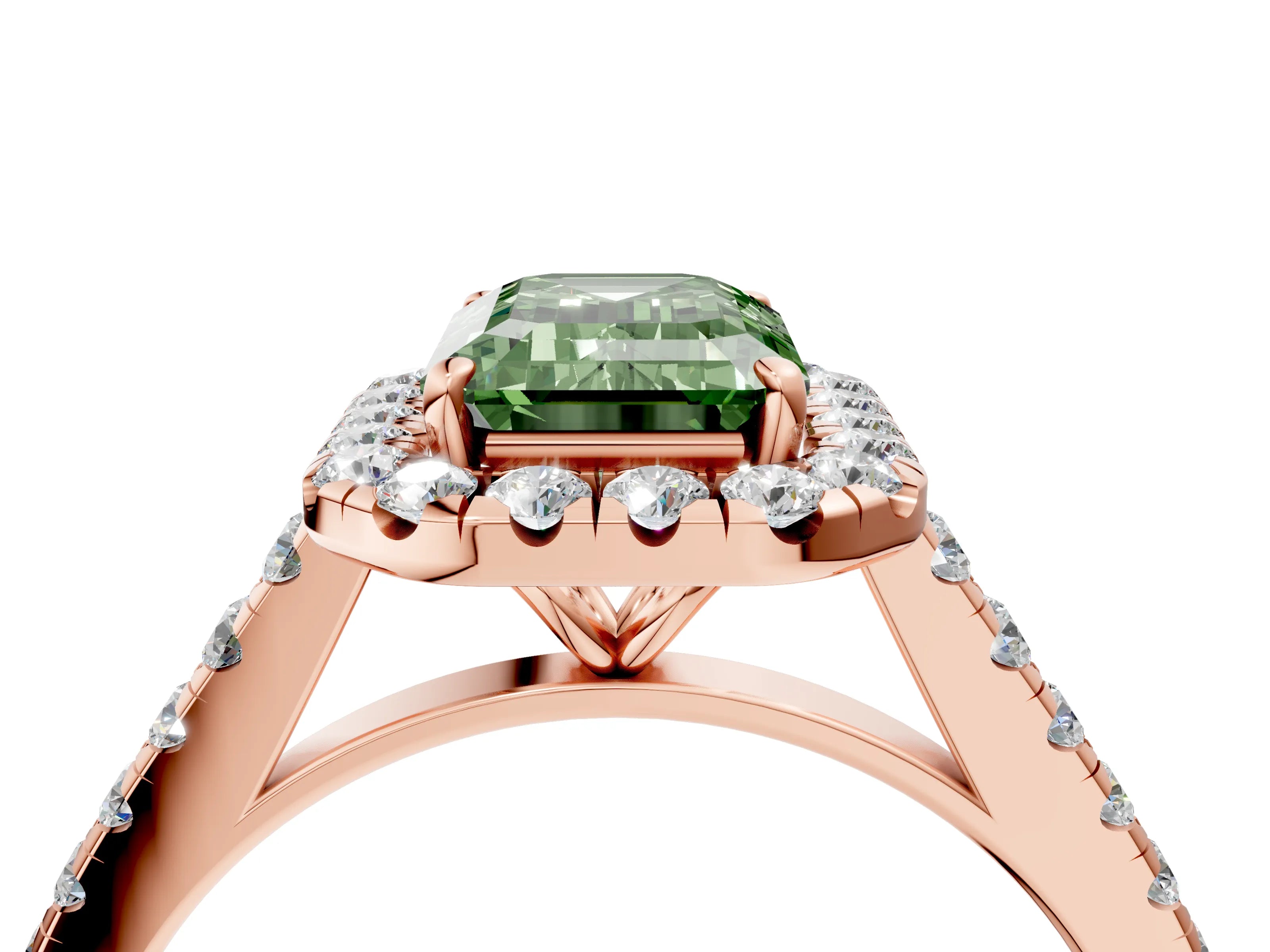 Rose gold Fancy Green Emerald Cut Halo Pave Diamond Engagement Ring with Four-Prong Setting_4
