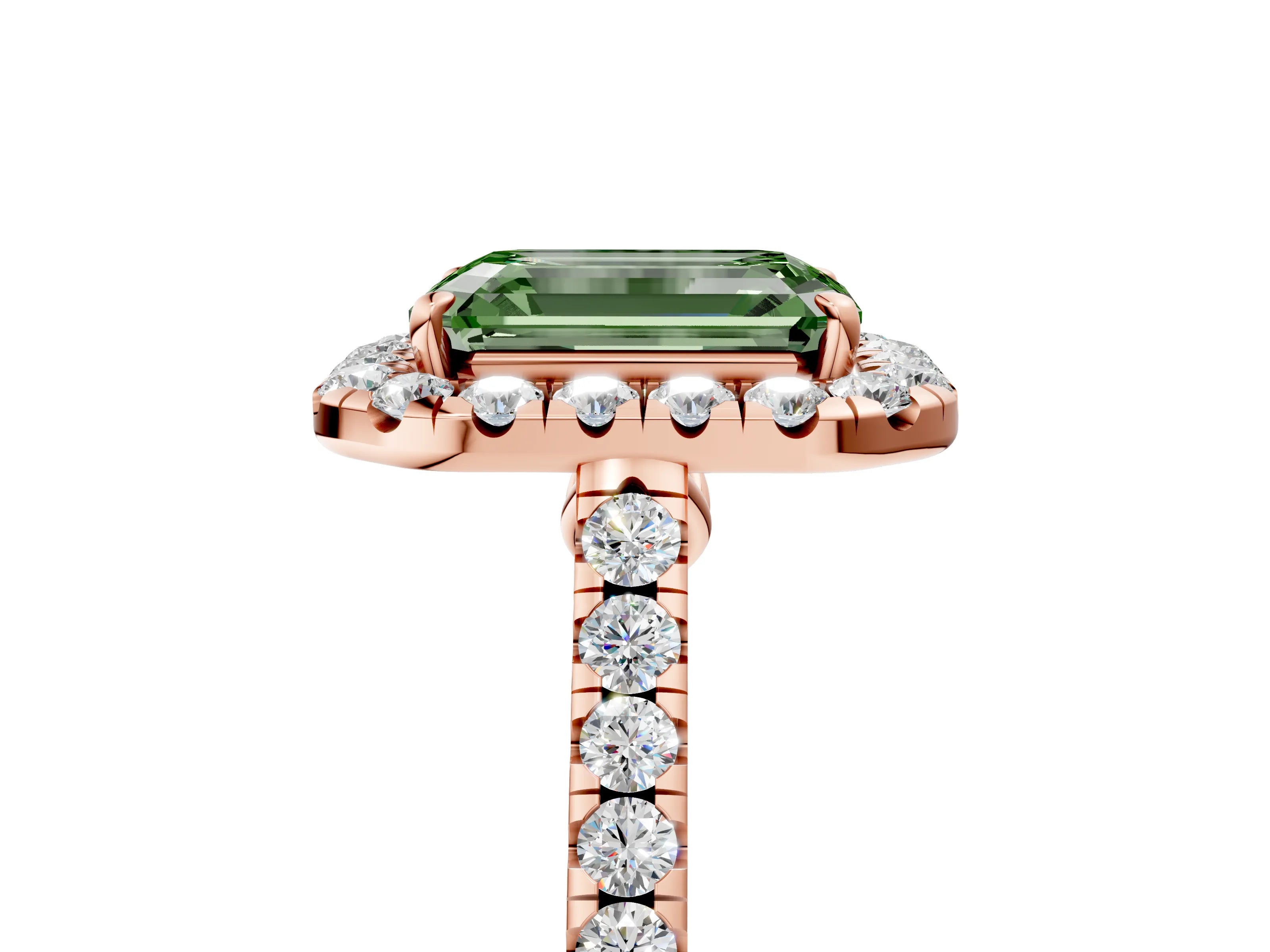 Rose gold Fancy Green Emerald Cut Halo Pave Diamond Engagement Ring with Four-Prong Setting_5