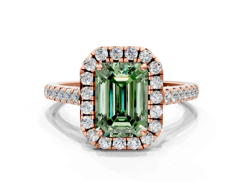 Rose gold Fancy Green Emerald Cut Halo Pave Diamond Engagement Ring with Four-Prong Setting