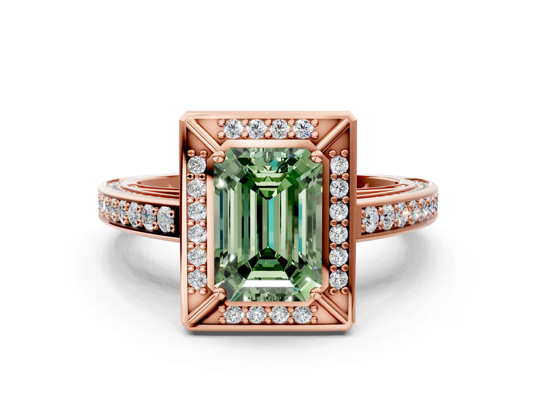 Rose gold Fancy Green Emerald  Cut Halo Pave Split Shank Prong Setting Ring_33